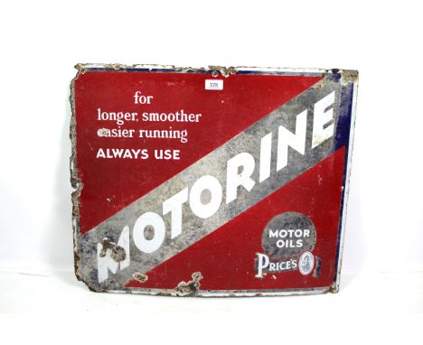 An vintage enamel advertising sign for "Motorine Motor Oils", approx. 21" x 25"