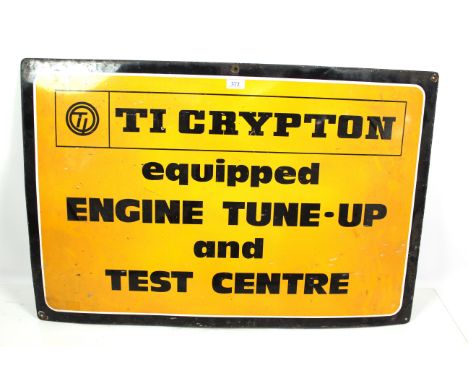 A vintage enamel advertising sign for "T. I. Cripton Equipped Engine Tune Up and Test Centre", approx. 24" x 36"