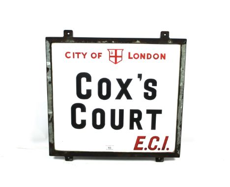 A "Cox's Court EC1" vitreous white glass road sign, first introduced to the City of London Square Mile in the 1920's, removed