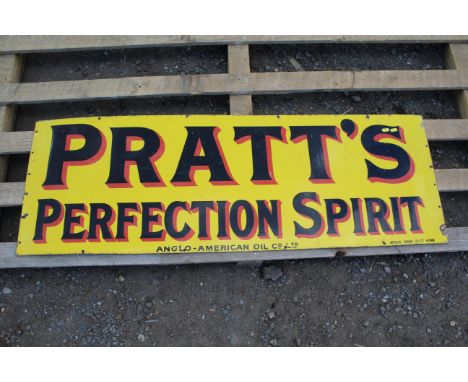 A vintage enamel advertising sign "Pratts Perfection Spirit", approx. 18" x 52"