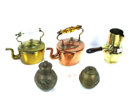 A brass chocolate pot, a brass kettle with porcelain handle, a copper kettle with glass handle, a brass Lipton's tea caddy&nb