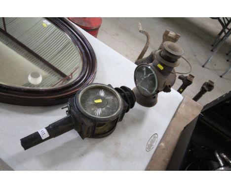 A vintage horse drawn vehicle lamp with etched glass and another vintage vehicle lamp AF