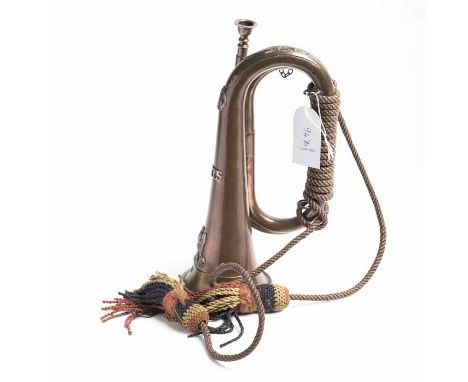 WWI COPPER AND BRASS ROYAL SCOTS GREYS REGIMENTAL BUGLE
with applied brass King's crown, regimental badge and later stamped A