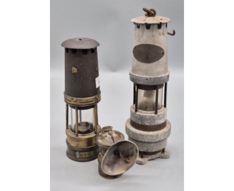 Three various antique minors lamps. "Spiralarm" Type S Lantern- converted to electric and small autolite lantern.