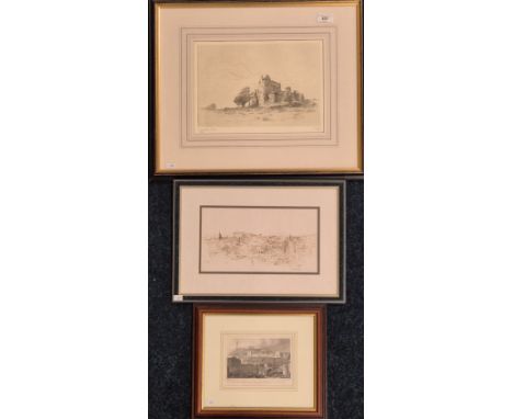 Three various art works; 19th century engraving titled "New High School, Calton Hill, From Canon- gate Church Yard" Edinburgh