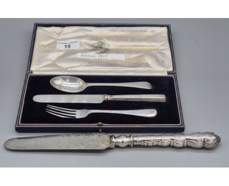 Boxed London silver christening set- Fork, knife and spoon. Produced by Goldsmith &amp; Silversmith Co Ltd. Together with a s