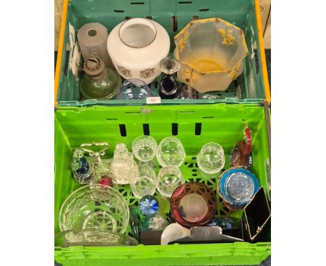 Two Crates of Art glass ware &amp; Art Deco glass shades; Bohemian Glasses , oil lamp reservoir, Mdina glass Horse paperweigh