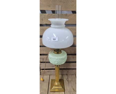 Antique table top oil lamp. Converted to electric. Brass and glass. [69cm high] 