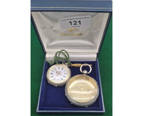 Silver fob pocket watch and silver pocket watch case; Swiss silver fob pocket watch designed with a white enamel dial- Gold t