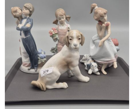 A Collection of Four Spanish porcelain Lladro Figurines; Girl on the telephone, Young couple , dog sitting &amp; Young girl h