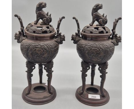 A Pair of Japanese Meiji period bronze Koro Incense Burners. Raised on Tri- pod legs. Foo dogs sat to the tops of the lids. 3