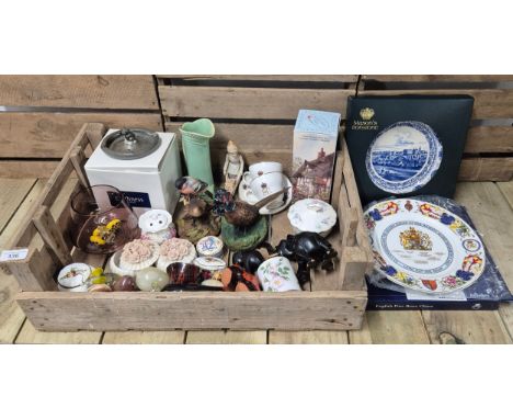 Crate of collectables; Onyx and marble eggs, porcelain trinket dishes, Caithness and other items