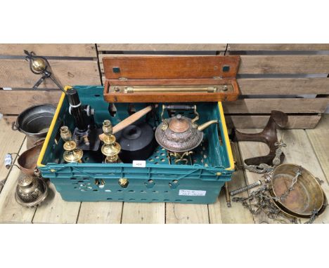 A Crate of antique metal collectables; Brass Spirit kettle, Brass weighing scales, Oriental spinning wheel &amp; other items