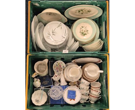 Two crates of porcelain and ceramics; Noritake Bambina pattern dinner service, Johnson Bros floral design dinner set. Happy W