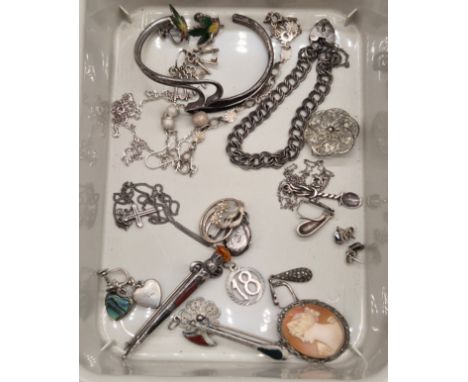 A Collection of silver jewellery; Silver Scottish design brooches- Dirk with citrine and agate fitted, Silver axe fitted with