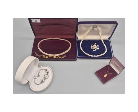 Various jewellery; 9ct gold cat pendant and chain, 1/20th of 12K Gold and tiger eye bracelet, 925 silver unusual linked neckl
