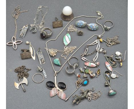 Two trays of silver and costume jewellery; Birmingham silver thimble holder, silver and red stone ring, Silver and marcasite 