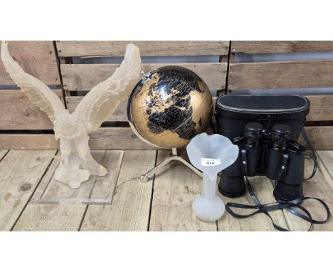 A Selection of Collectables; Large Eagle sculpture, Frosted Jack the pulpit vase, Globe on stand &amp; Century 7X50s Binocula