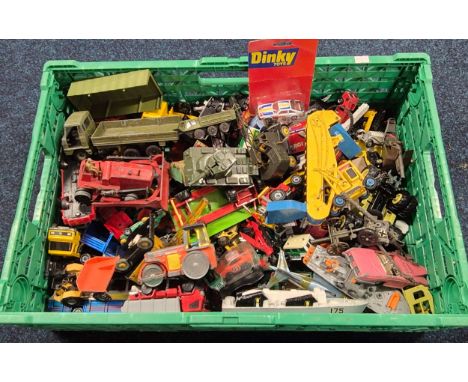 A Crate of Play worn vehicles; Dinky armour, Corgi, match box vehicles &amp; many more