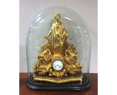 Most Impressive Vict Gilt Mantle Clock Under Glass Dome