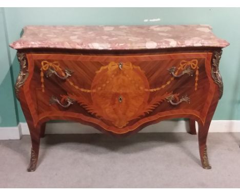 French Inlaid Kingwood Marble Top Bombe Commode Dimensions: 137cm W 50cm D 89cm H