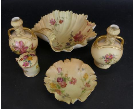 A mixed lot of blush Royal Worcester wares Comprising a pair of small double handled vases, a shell formed dish, a further sm