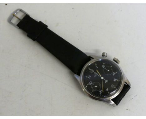 A Gentleman's Lemania Military issue stainless steel manual wind wristwatchThe circular black dial with Arabic numerals and s