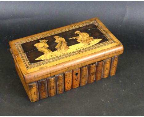 An early 20th Italian inlaid wooden storage boxDecorated with a figure playing a musical instrument and dancers, height 8cm, 
