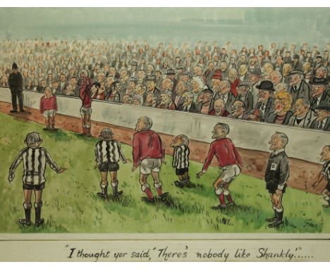 Liverpool Football Club Shankly cartoon watercolourAn image of elderly football players with crowd looking on, with inscripti