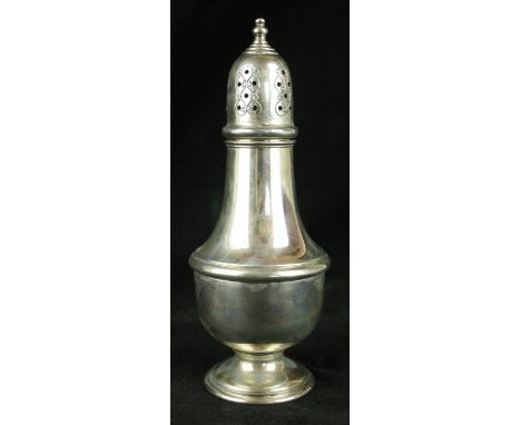 An American silver sugar caster Of plain baluster form, with a pierced pull-off lid and knopped finial, raised on a circular 