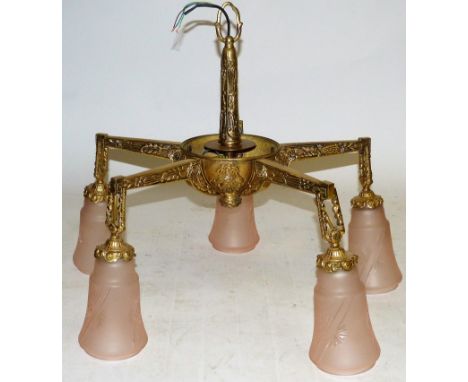 A good quality Victorian-style hanging wall lightHaving five arms with swing bracket supports frosted glass shades.