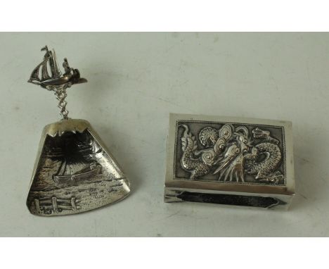 A mixed lot comprising a late 19th/early 20th Century Chinese white metal matchbox coverDecorated with dragons and prunus flo