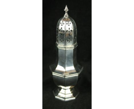 A silver sugar casterOf panelled octagonal form, with a pierced pull-off lid and knopped finial, makers marks indistinct, Bir