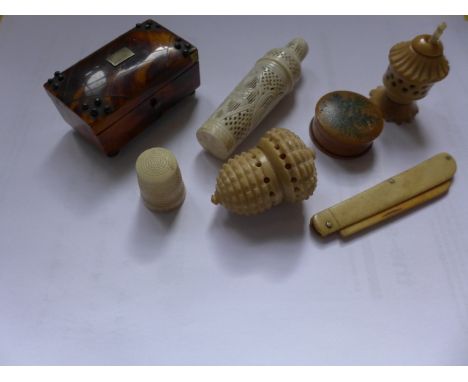 Seven pieces of 19th Century & later collectors itemsTo include tortoiseshell patch box, having four impressed studs to each 