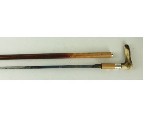 A good quality British sword stick late 19th Century66cm straight single edged blade with blued decoration, bamboo and stag h