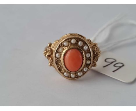 A pearl and coral ring 9ct size O   5.5 gms