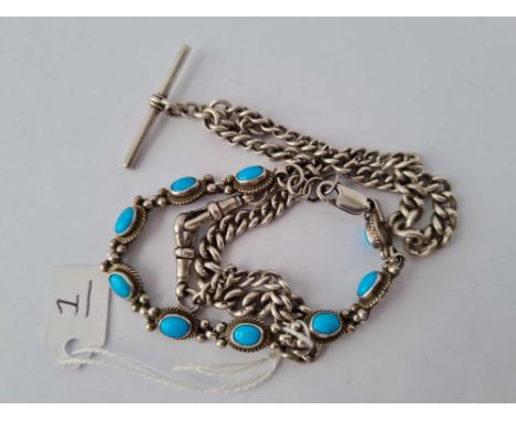 A good graduated silver double watch albert 16 inch together with a silver and turquoise nine panel bracelet 6 inch