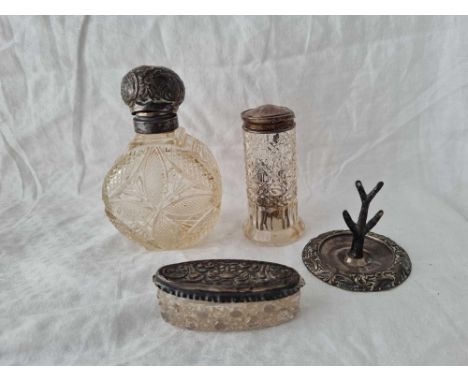 Various silver topped jars, ring tree etc.
