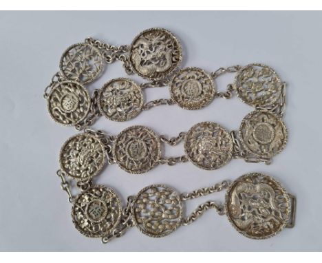 Antique Chinese silver belt marked with Chinese mark and makers mark T. YT, pierced roundels joined by chain links with drago