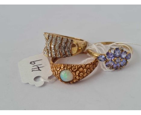 THREE 9CT RINGS OPAL TANZANITE AND WHITE STONE 11.4 GMS