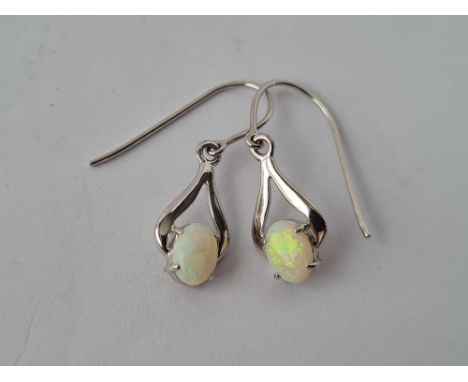 A pair of opal drop 14ct white gold earrings 2g inc