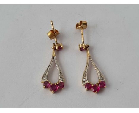 Pair ruby &amp; diamond drop 9ct earrings 1.8g inc