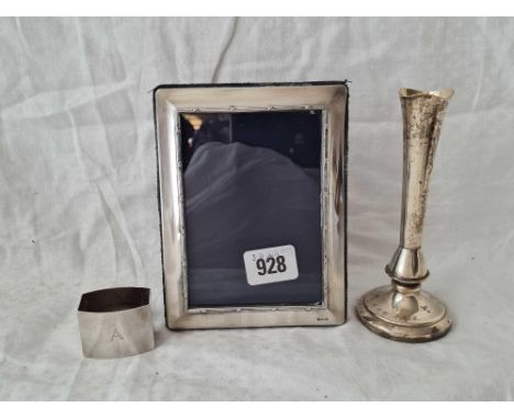 Oblong photo frame 6 inch high, a spill vase and a napkin ring