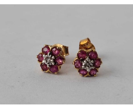 Pair of ruby &amp; diamond 9ct flower ear studs 1.2g inc