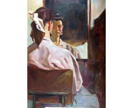 Attributed John Watkiss (b.1961). Portrait of  Woman Looking in a Mirror. Oil on board. Inscribed verso from the studio of Jo