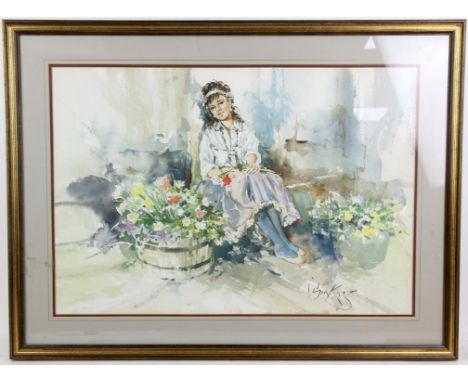 Gordon King (British, b. 1939), portrait of a young woman with flowers in a garden setting. Watercolour. Signed lower right. 