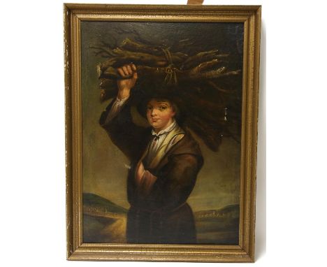 Nineteenth-century European School, portrait of a young man carrying a stack of wood. Oil on canvas. Framed. Image size 66 x 