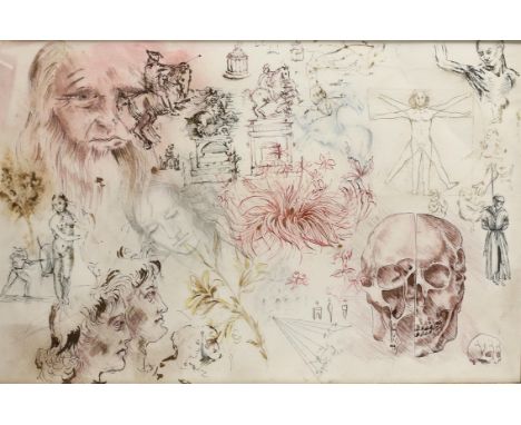 Watercolour, pencil, pen and ink homage to Leonardo Da Vinci to include cross-section of a skull, the Vitruvian Man and other