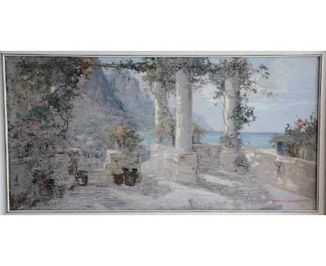 R. Romagnoli (European, contemporary), Mediterranean terrace with colonnade to foreground. Signed lower right. Framed. Image 