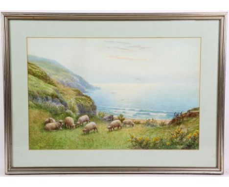 Arthur Wilkinson (British, c. 1860-1930), coastal landscape with sheep to foreground. Watercolour. Signed lower left. Framed 
